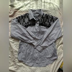 Zara Women Striped Button Down Shirt Lace Detail Long Sleeve Blouse S